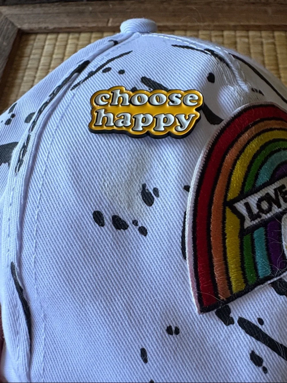 🌟 OOAK: Hand Crafted White Baseball Cap w/ 🌈'Love Is Love' Patch & Choose Happy